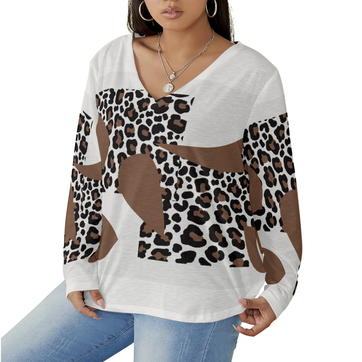 All-Over Print Women's V-neck T-shirt With Curved Hem(Plus Size)