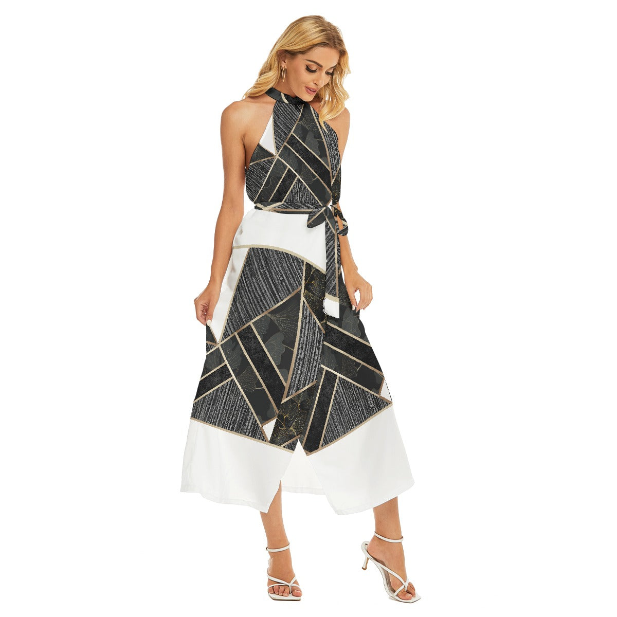 All-Over Print Women's Wrap Hem Belted Halter Dress