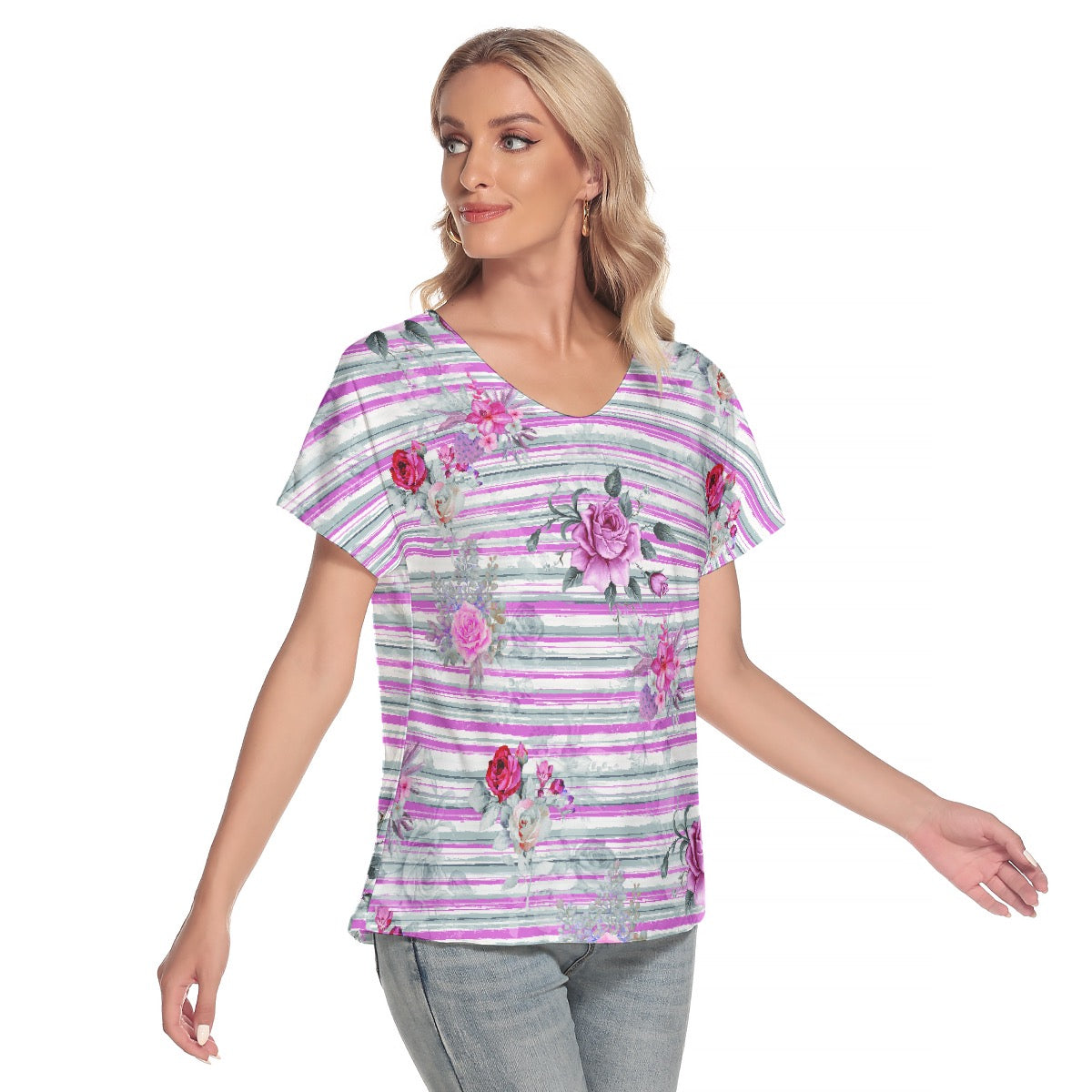 All-Over Print Women's Loose V-neck Short Sleeve T-shirt