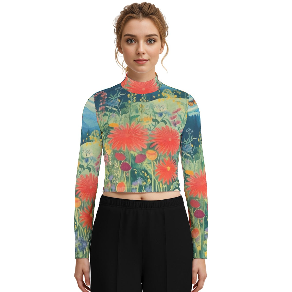 Eco-Friendly All-Over Print Women's Turtleneck T-shirt With Long Sleeve