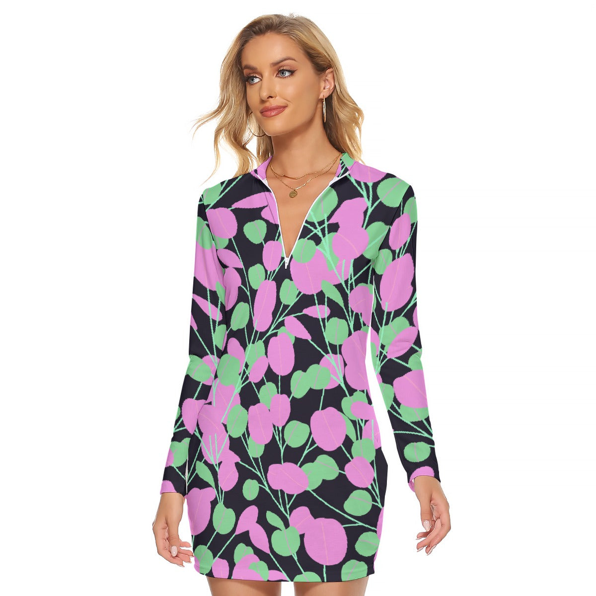 All-Over Print Women's Zip Front Tight Dress