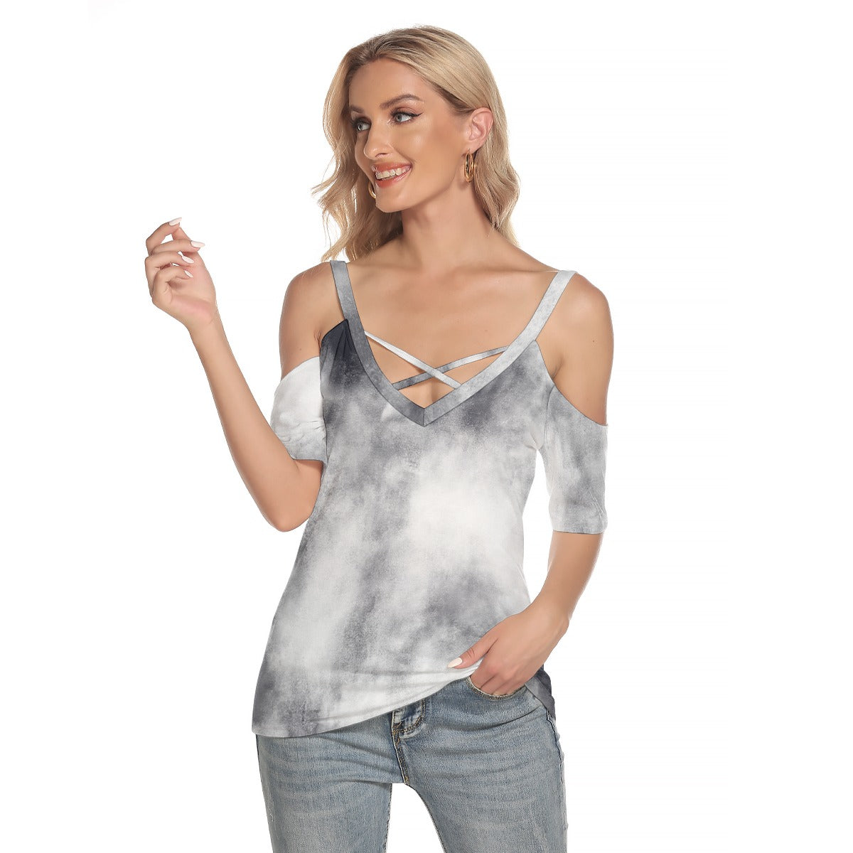 All-Over Print Women's Cold Shoulder T-shirt With Criss Cross Strips