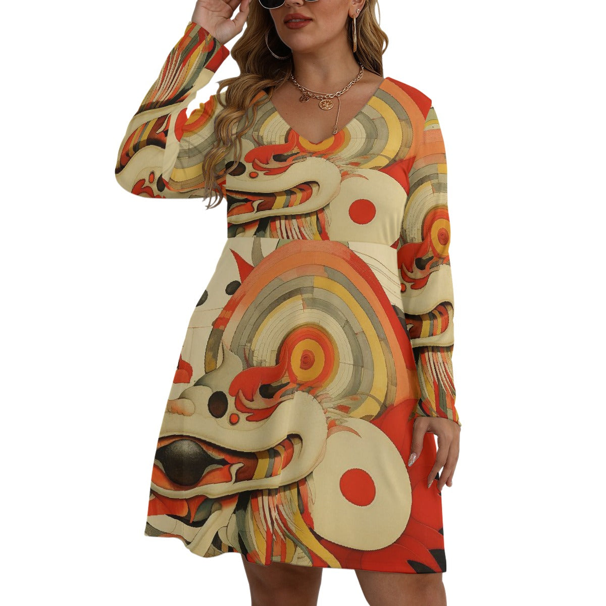 All-Over Print Women's V-neck Long Sleeve Dress(Plus Size)