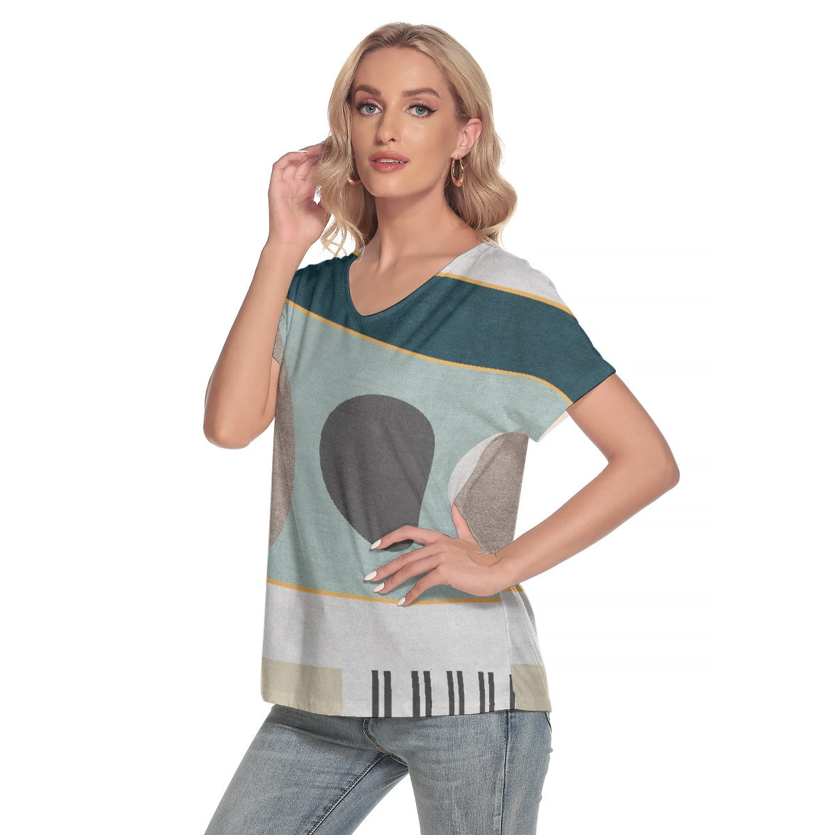 All-Over Print Women's Loose V-neck Short Sleeve T-shirt