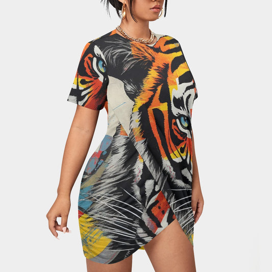 All-Over Print Women’s Stacked Hem Dress With Short Sleeve（Plus Size）