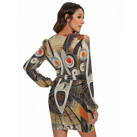 All-Over Print Women's Long Sleeve Dress With Waist Belt