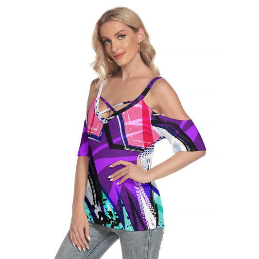 All-Over Print Women's Cold Shoulder T-shirt With Criss Cross Strips