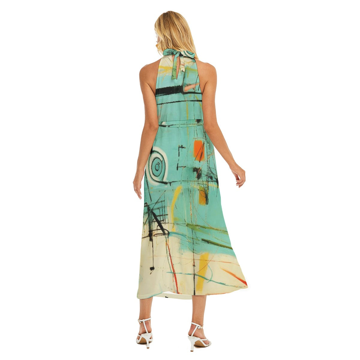 All-Over Print Women's Wrap Hem Belted Halter Dress