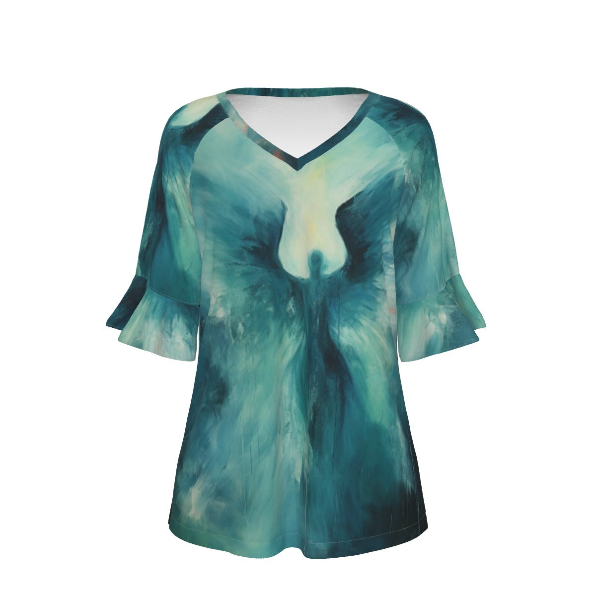 All-Over Print V-neck Women's T-shirt With Bell Sleeve