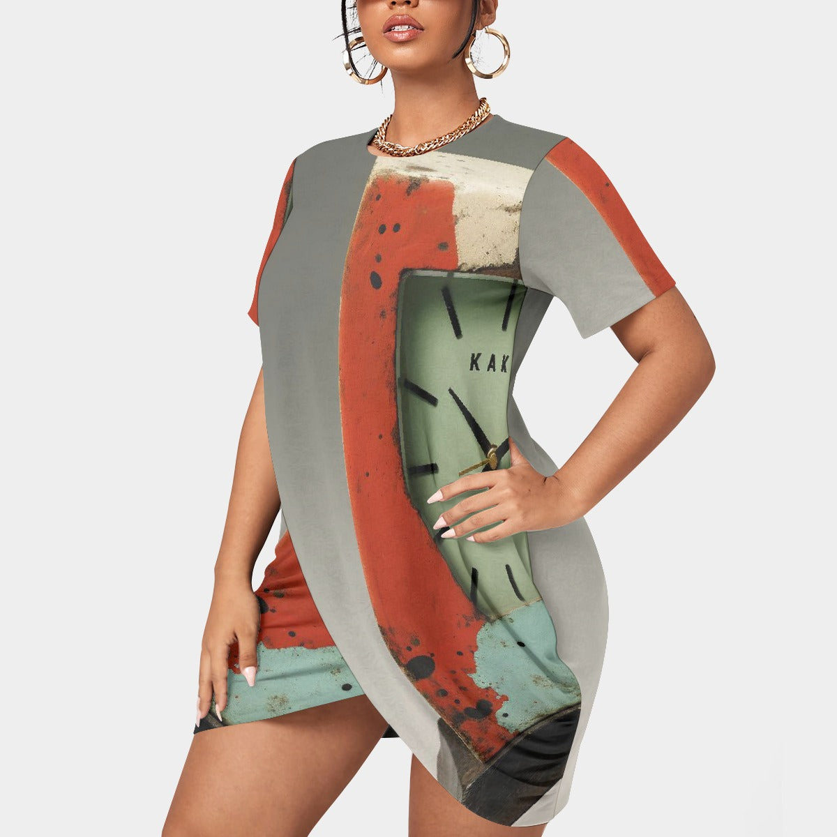 All-Over Print Women’s Stacked Hem Dress With Short Sleeve（Plus Size）