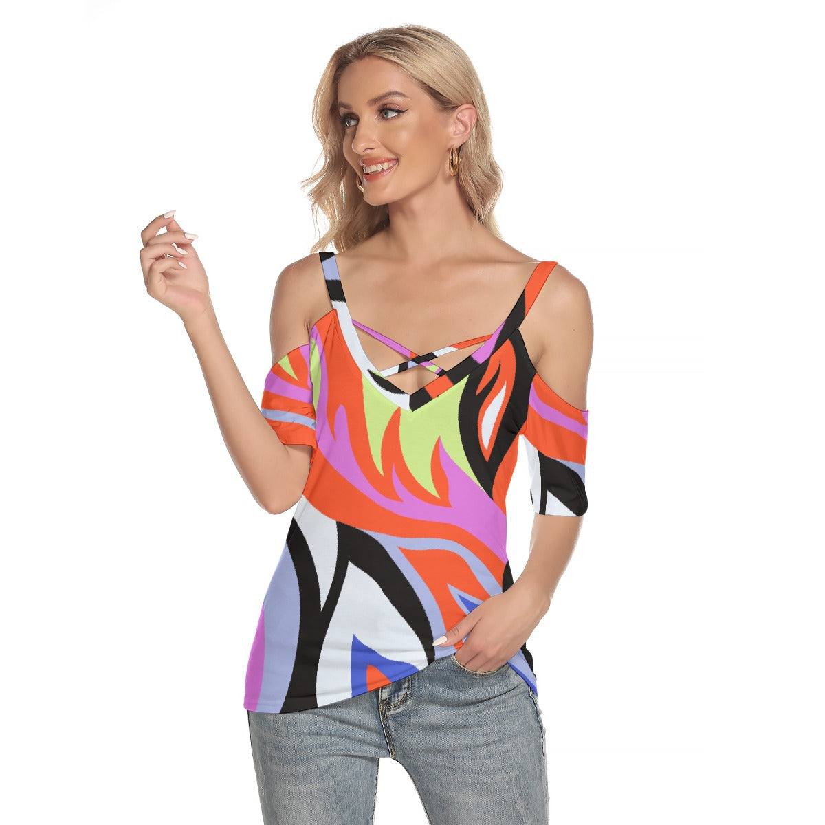 All-Over Print Women's Cold Shoulder T-shirt With Criss Cross Strips