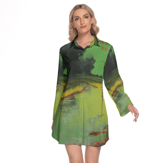 All-Over Print Women's Lapel Shirt Dress With Long Sleeve