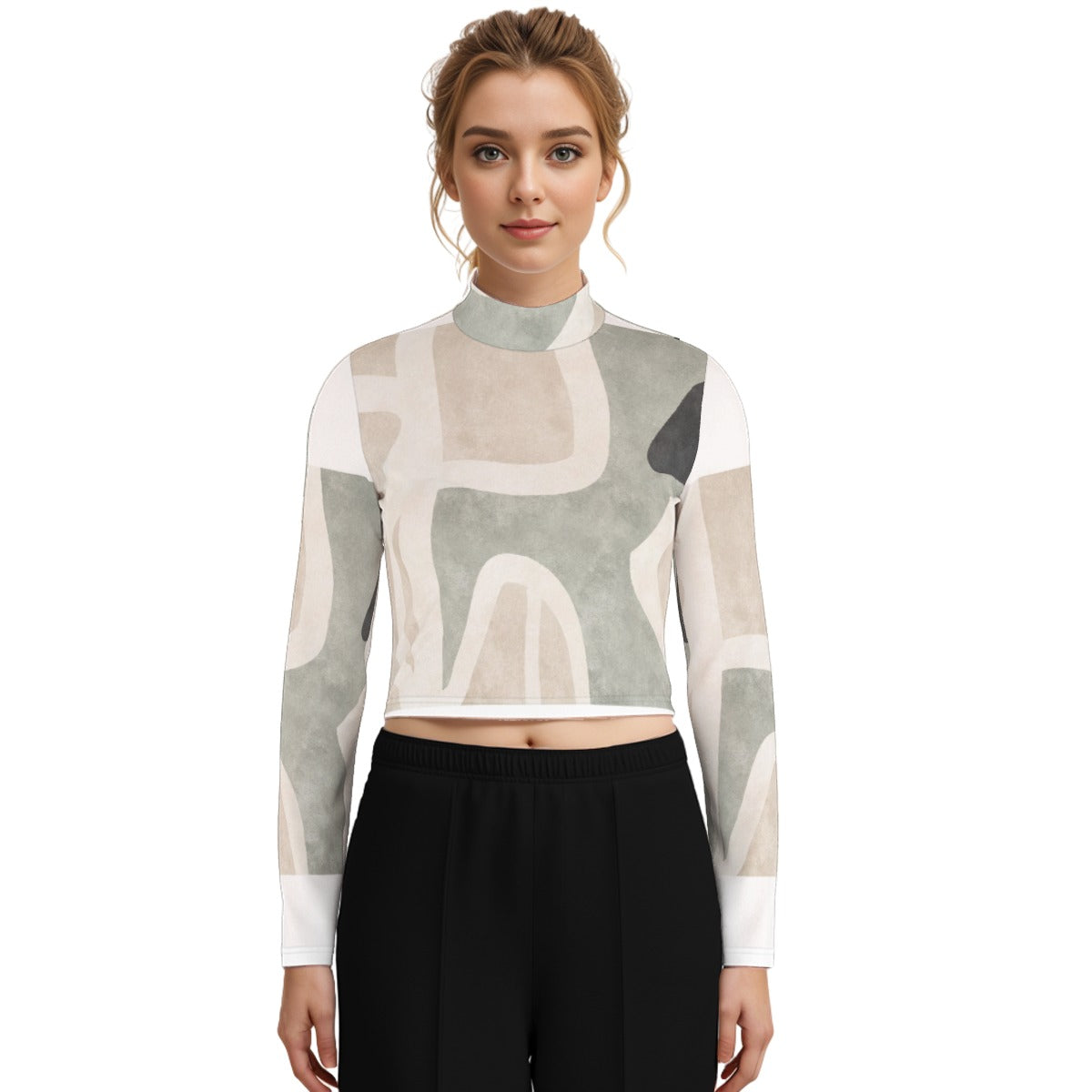 Eco-Friendly All-Over Print Women's Turtleneck T-shirt With Long Sleeve