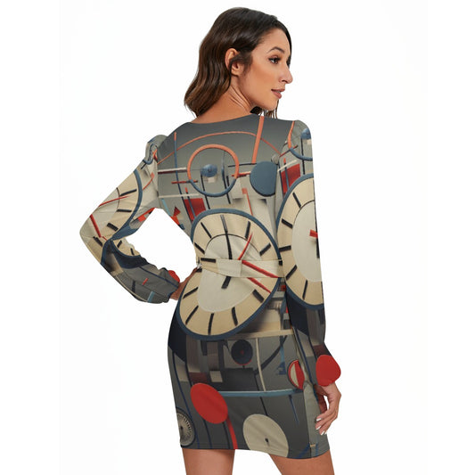 All-Over Print Women's Long Sleeve Dress With Waist Belt