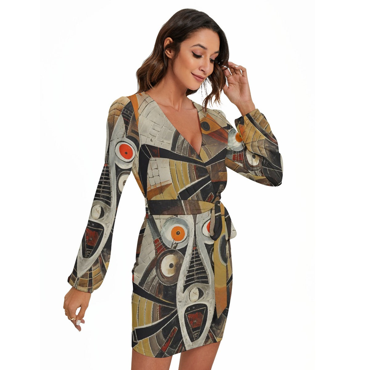 All-Over Print Women's Long Sleeve Dress With Waist Belt