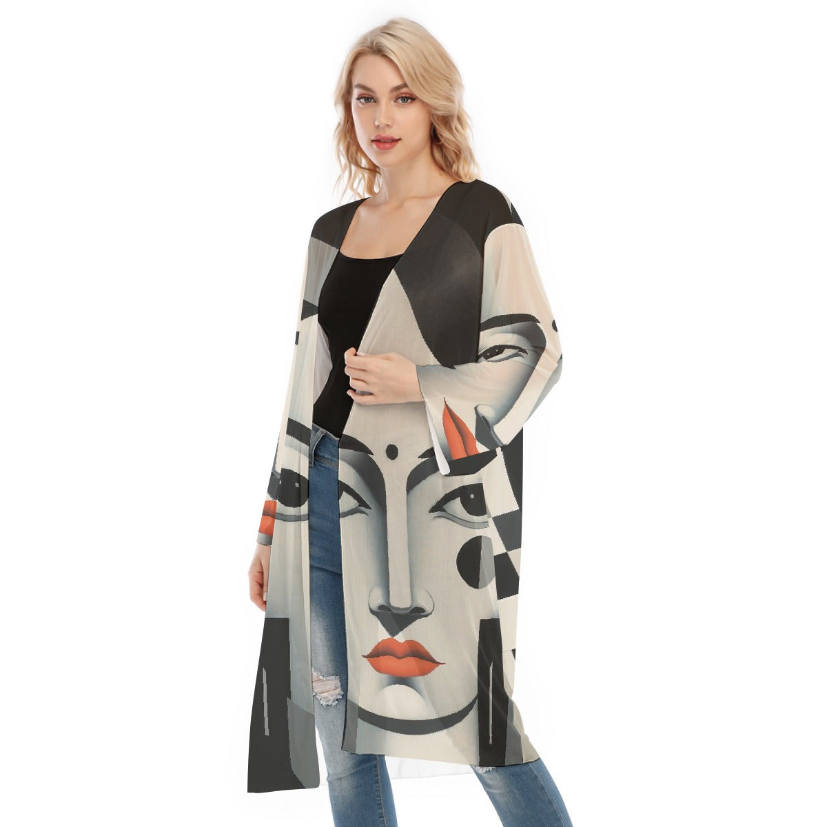 All- Over Print Women's Long Sleeve Mesh Cardigan