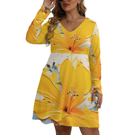 All-Over Print Women's V-neck Long Sleeve Dress(Plus Size)