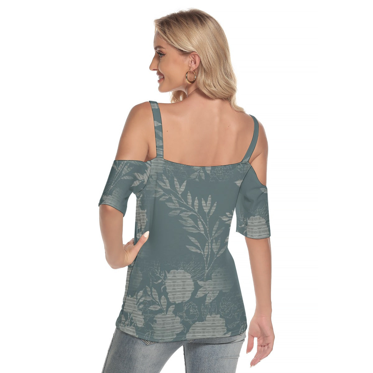 All-Over Print Women's Cold Shoulder T-shirt With Criss Cross Strips