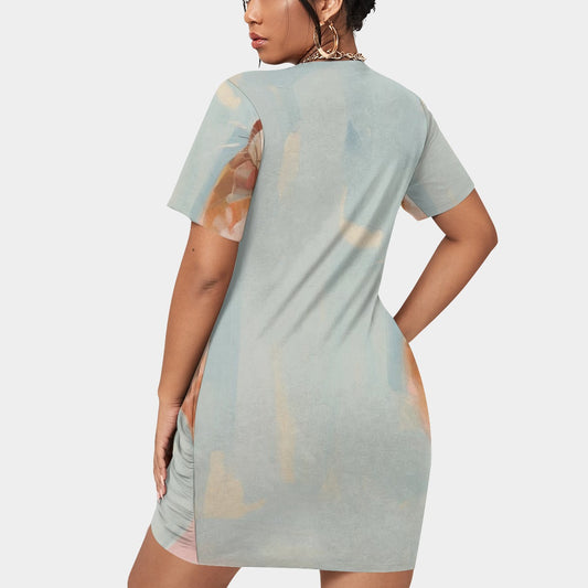 All-Over Print Women’s Stacked Hem Dress With Short Sleeve（Plus Size）