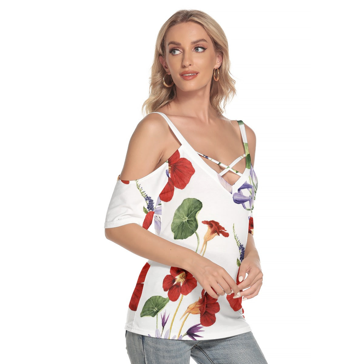 All-Over Print Women's Cold Shoulder T-shirt With Criss Cross Strips