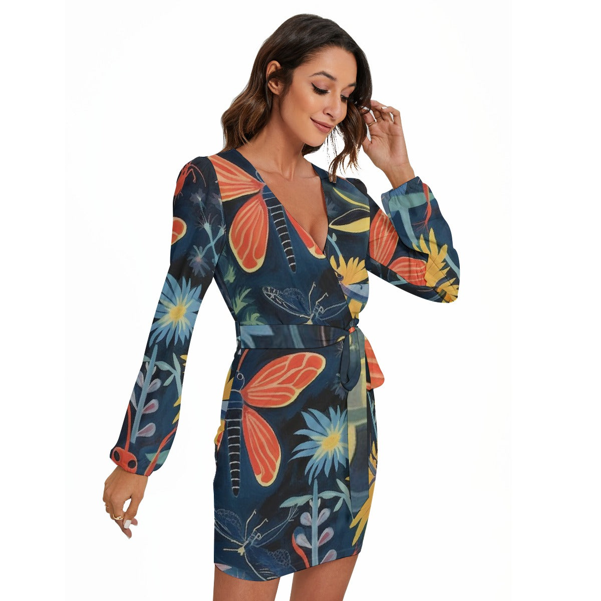 All-Over Print Women's Long Sleeve Dress With Waist Belt