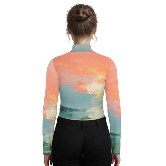 Eco-Friendly All-Over Print Women's Turtleneck T-shirt With Long Sleeve