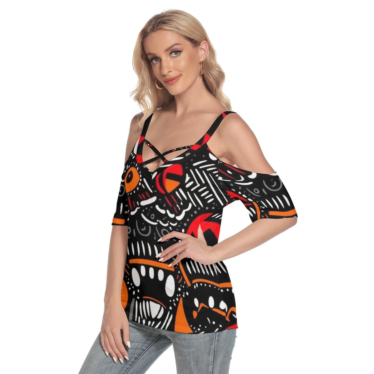 All-Over Print Women's Cold Shoulder T-shirt With Criss Cross Strips