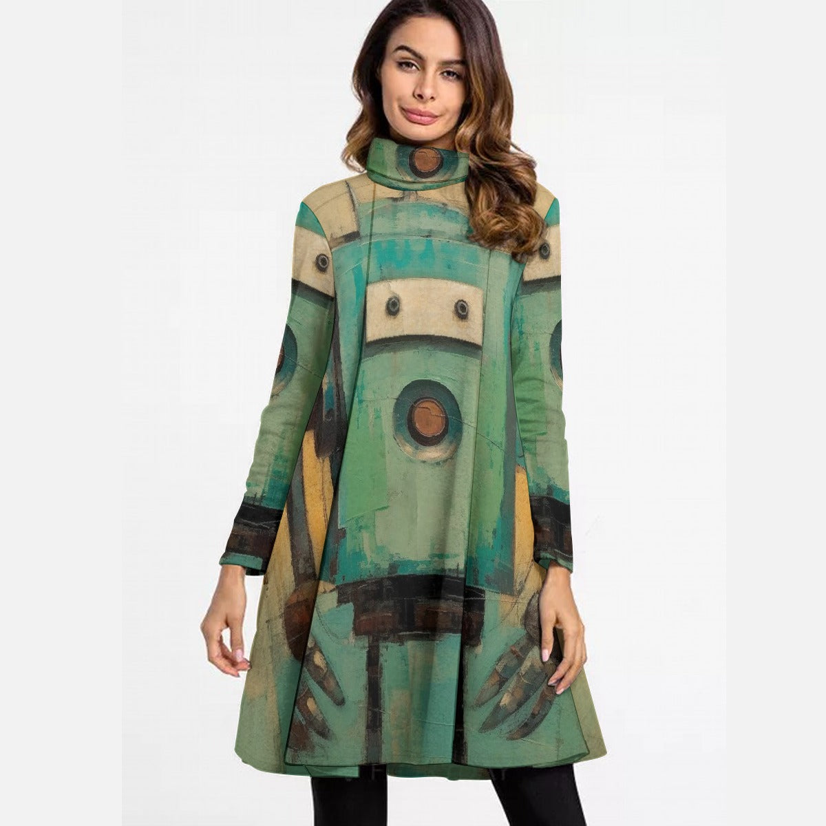 All-Over Print Women's High Neck Dress With Long Sleeve