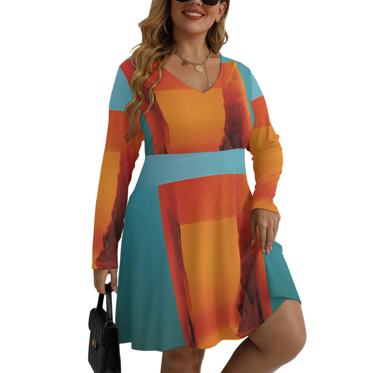 All-Over Print Women's V-neck Long Sleeve Dress(Plus Size)