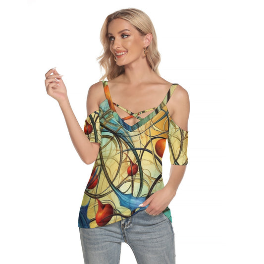 All-Over Print Women's Cold Shoulder T-shirt With Criss Cross Strips