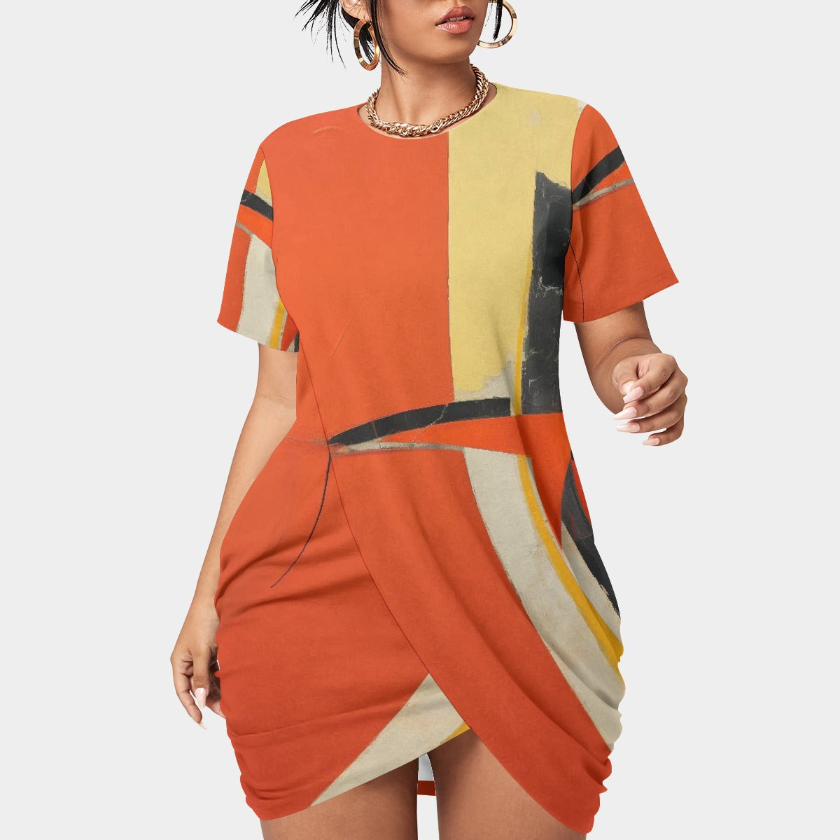 All-Over Print Women’s Stacked Hem Dress With Short Sleeve（Plus Size）