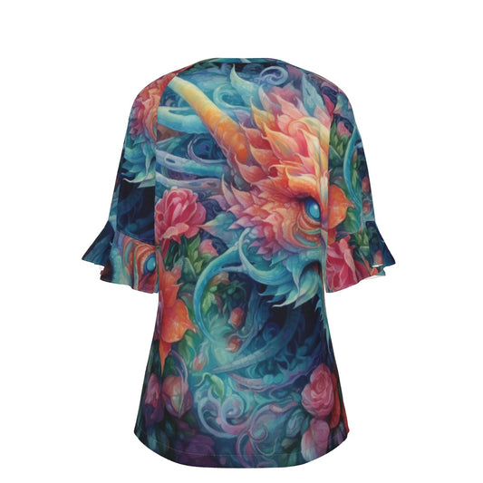 All-Over Print V-neck Women's T-shirt With Bell Sleeve