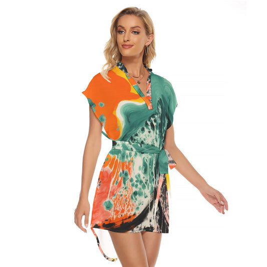 All-Over Print Women's Stand-up Collar Casual Dress With Belt