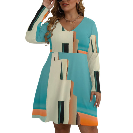 All-Over Print Women's V-neck Long Sleeve Dress(Plus Size)