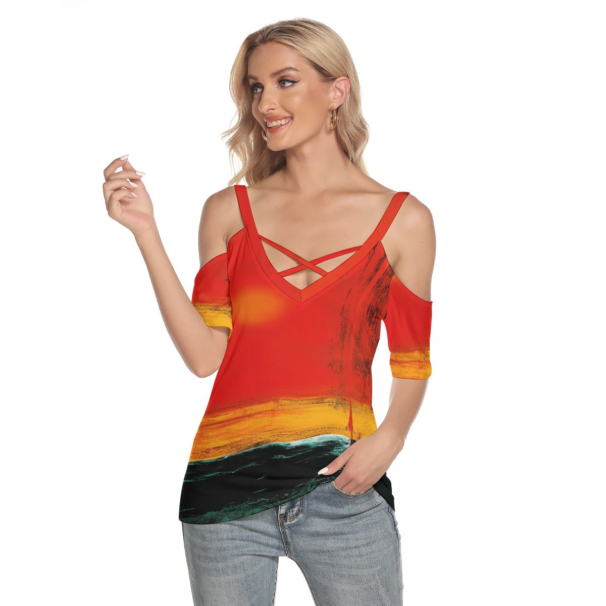 All-Over Print Women's Cold Shoulder T-shirt With Criss Cross Strips