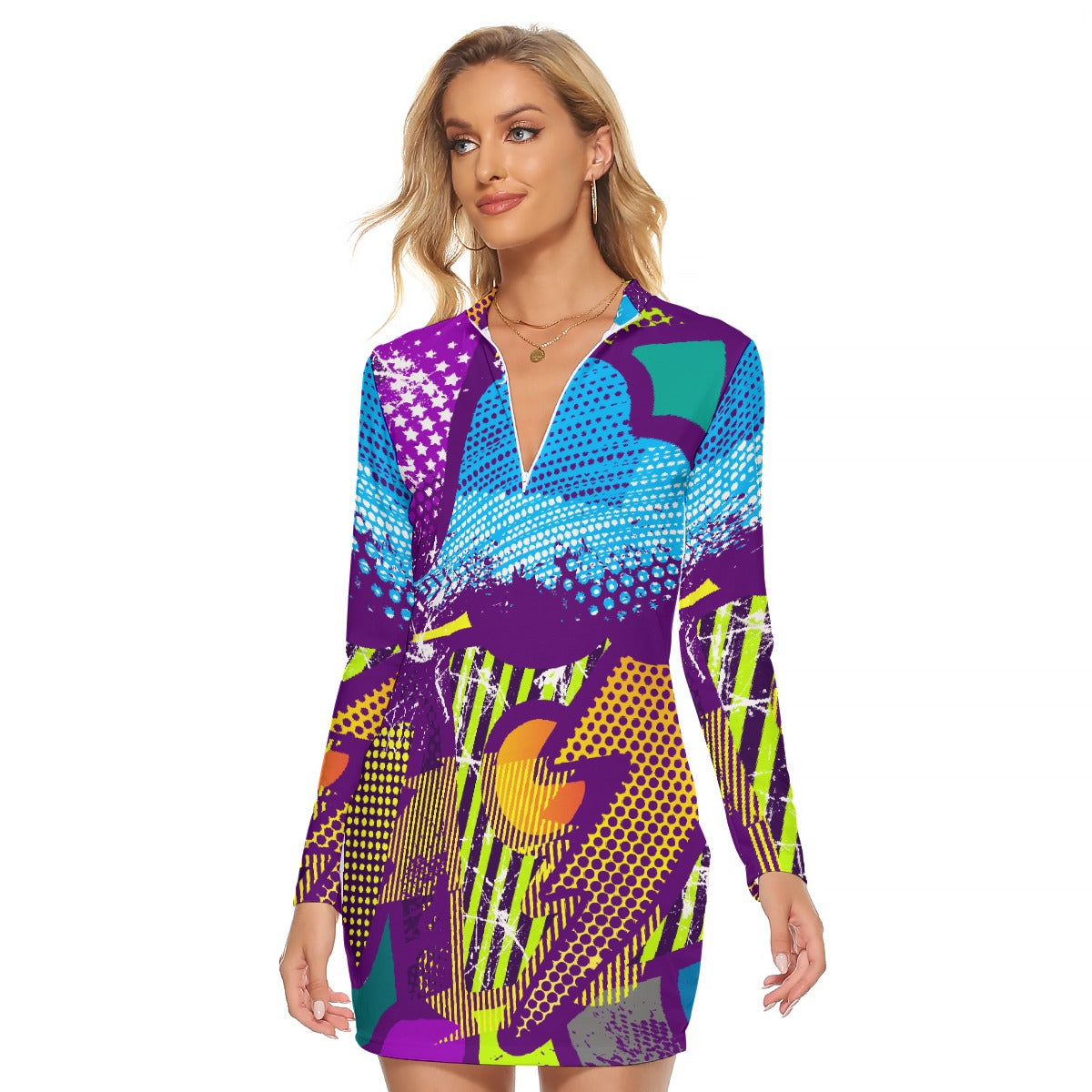 All-Over Print Women's Zip Front Tight Dress