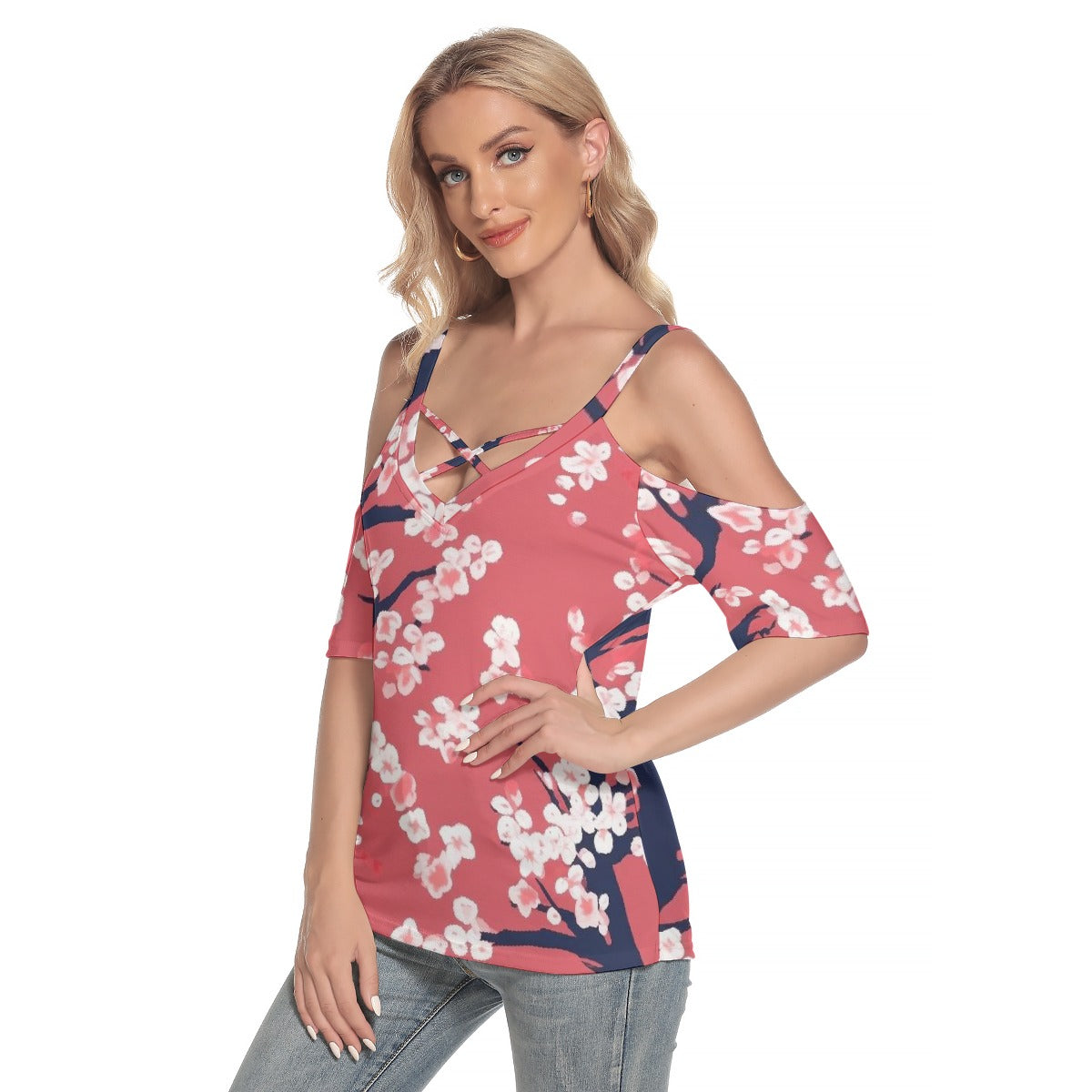 All-Over Print Women's Cold Shoulder T-shirt With Criss Cross Strips