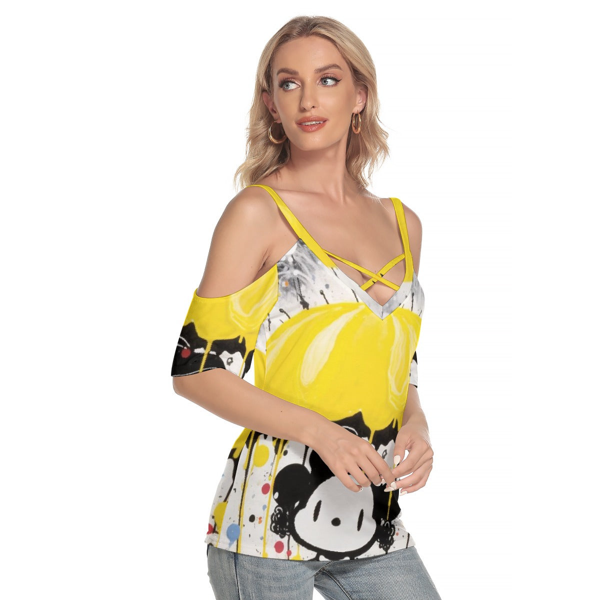 All-Over Print Women's Cold Shoulder T-shirt With Criss Cross Strips