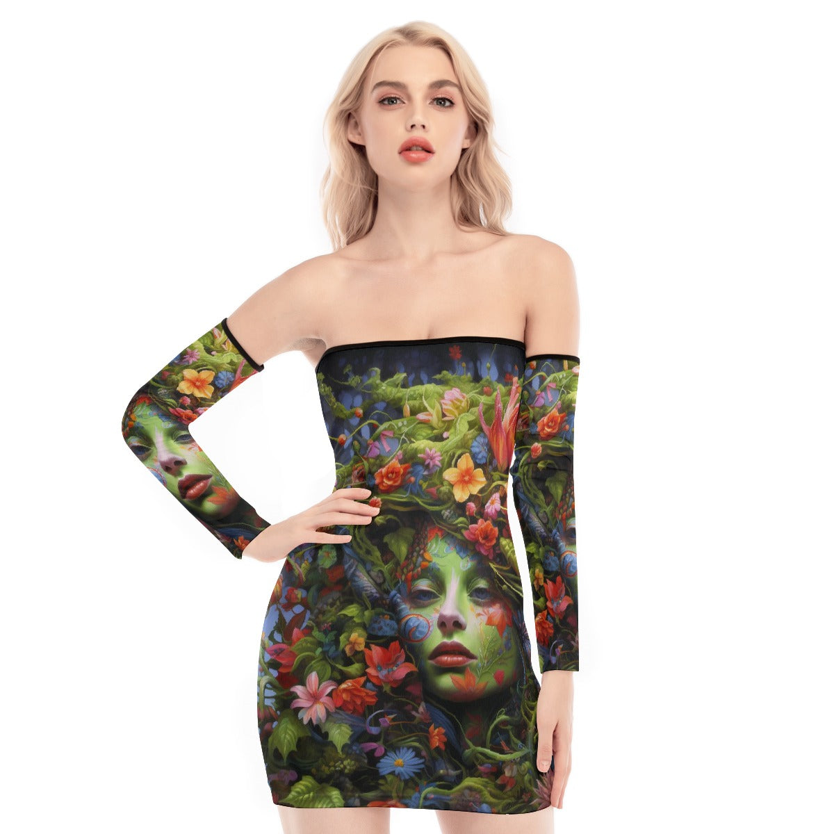 All-Over Print Women's Off-shoulder Back Lace-up Dress