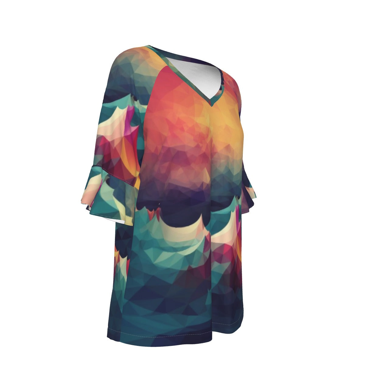 All-Over Print V-neck Women's T-shirt With Bell Sleeve