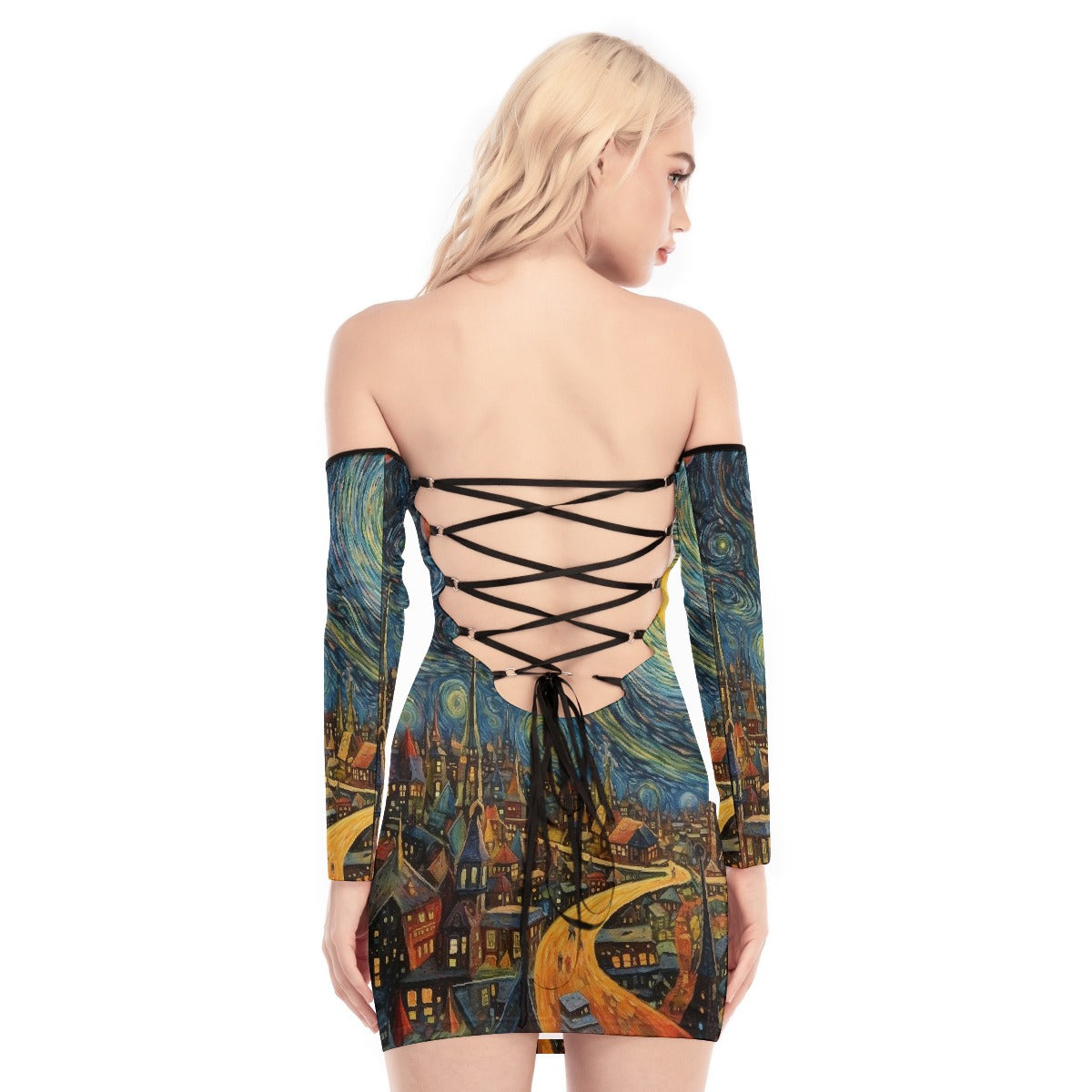 All-Over Print Women's Off-shoulder Back Lace-up Dress