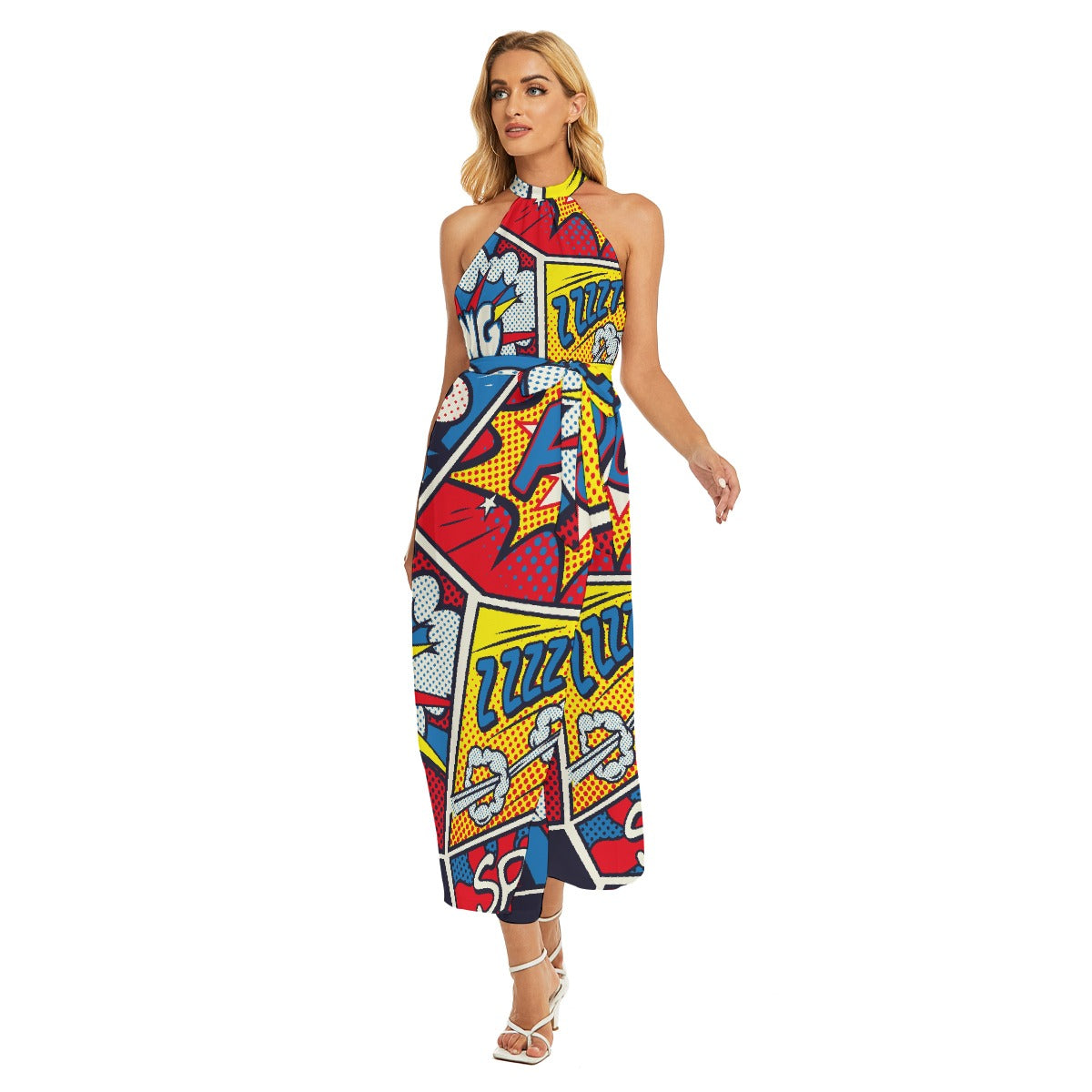 All-Over Print Women's Wrap Hem Belted Halter Dress