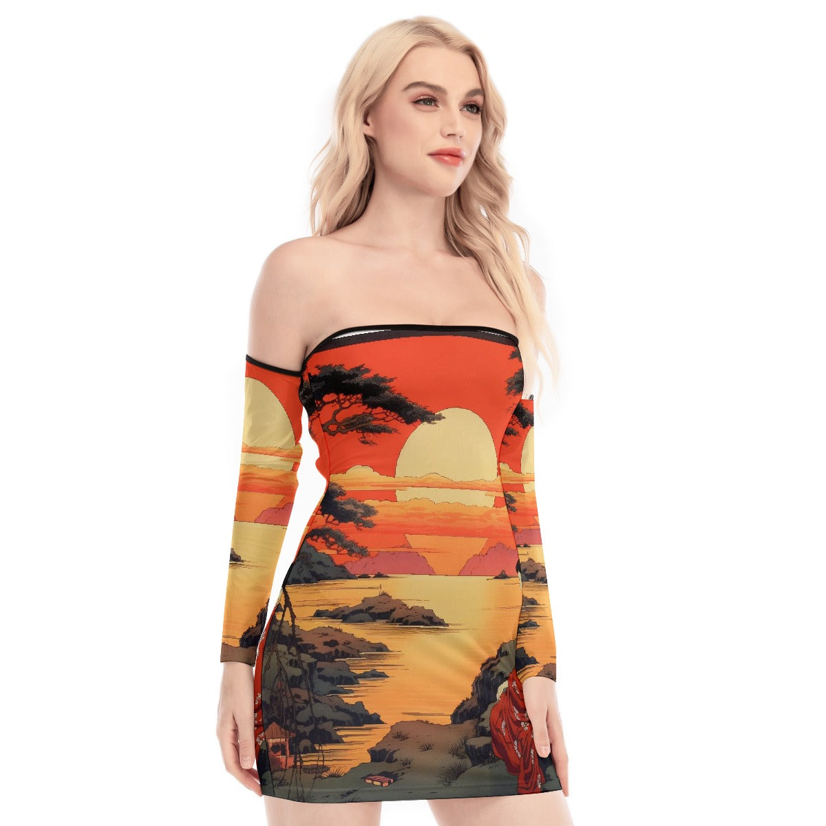 All-Over Print Women's Off-shoulder Back Lace-up Dress