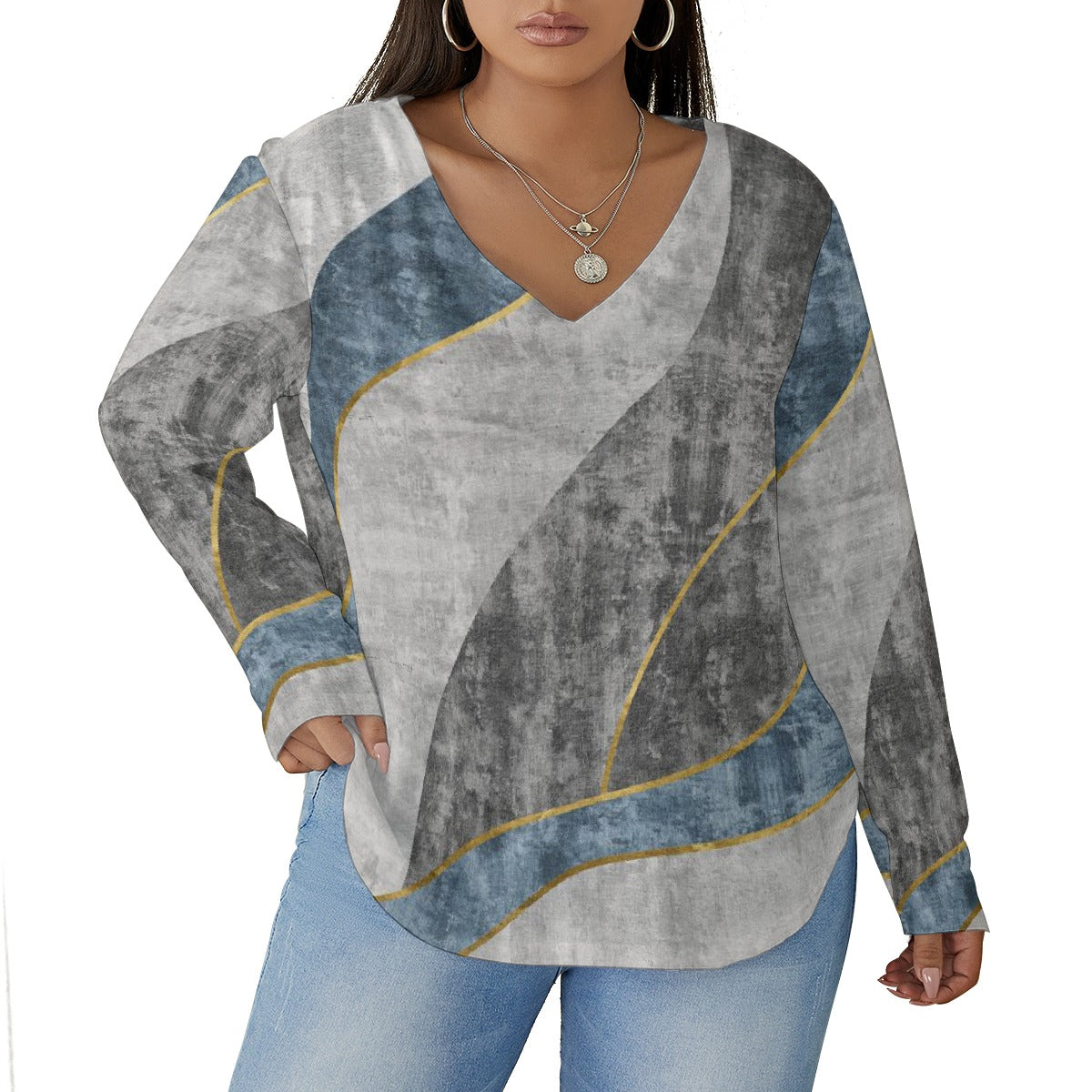 All-Over Print Women's V-neck T-shirt With Curved Hem(Plus Size)