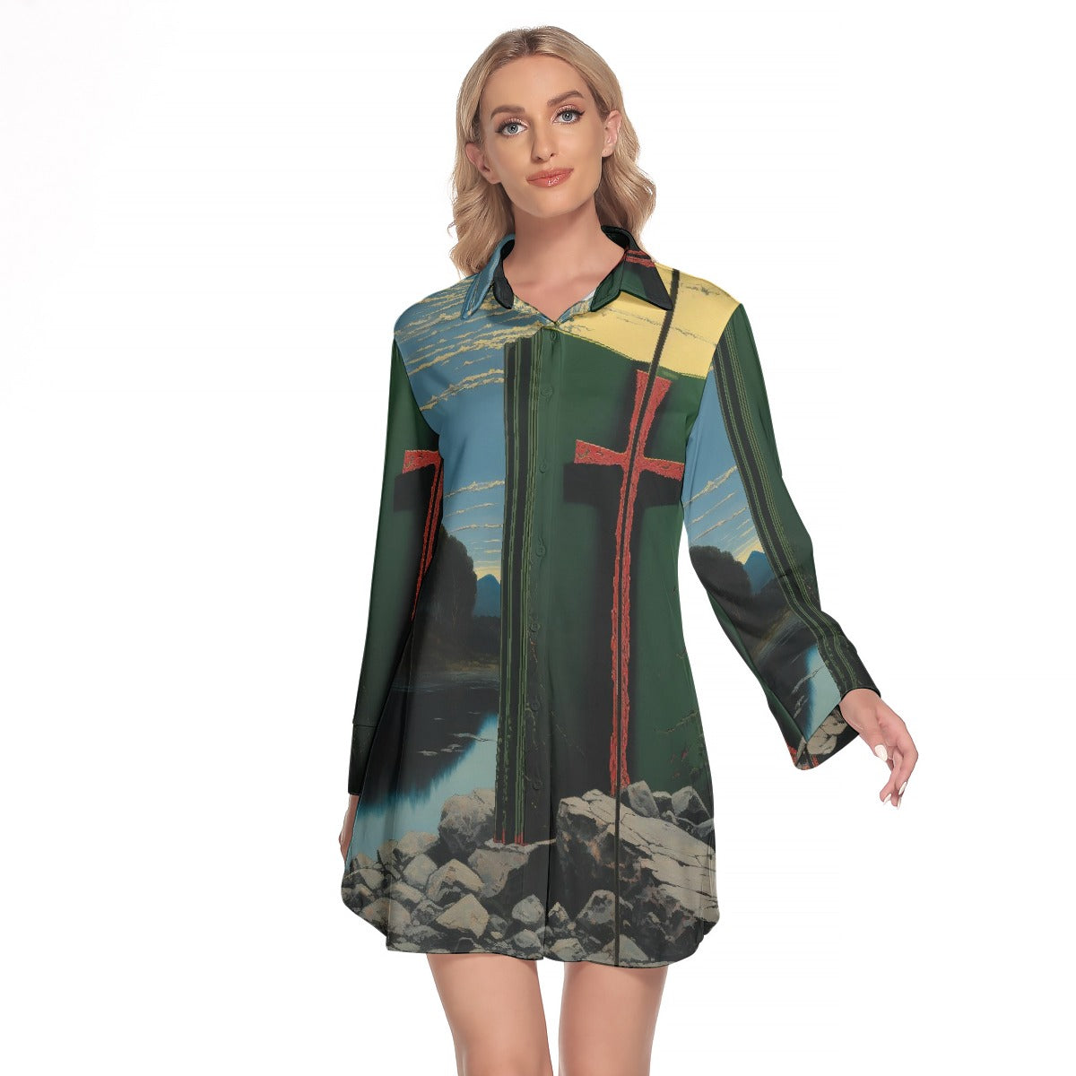 All-Over Print Women's Lapel Shirt Dress With Long Sleeve