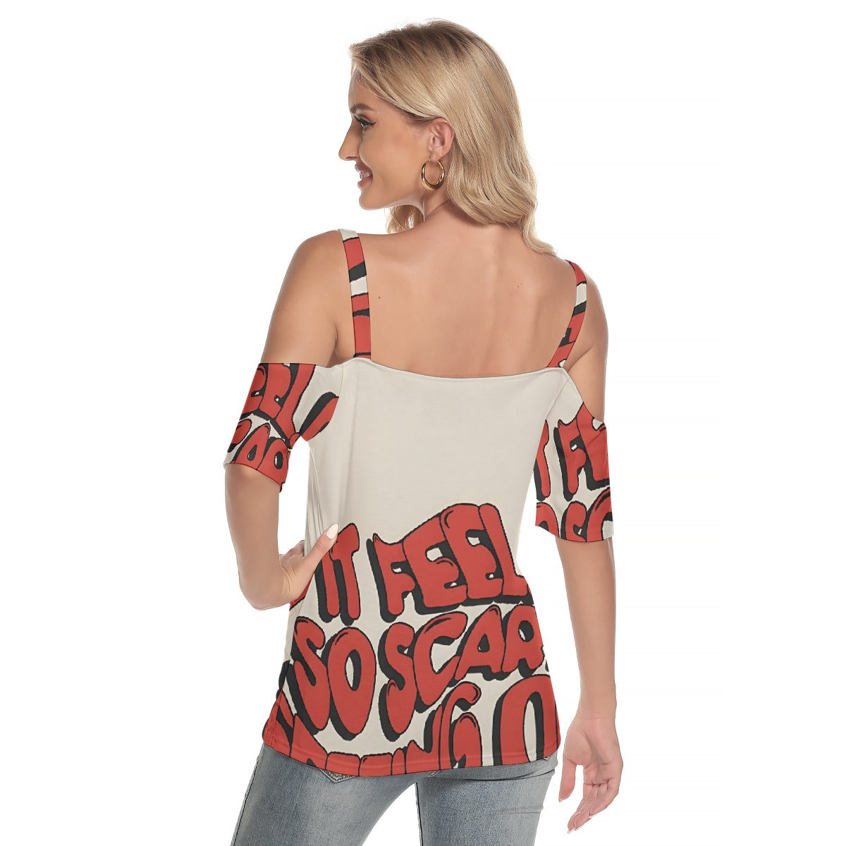 All-Over Print Women's Cold Shoulder T-shirt With Criss Cross Strips