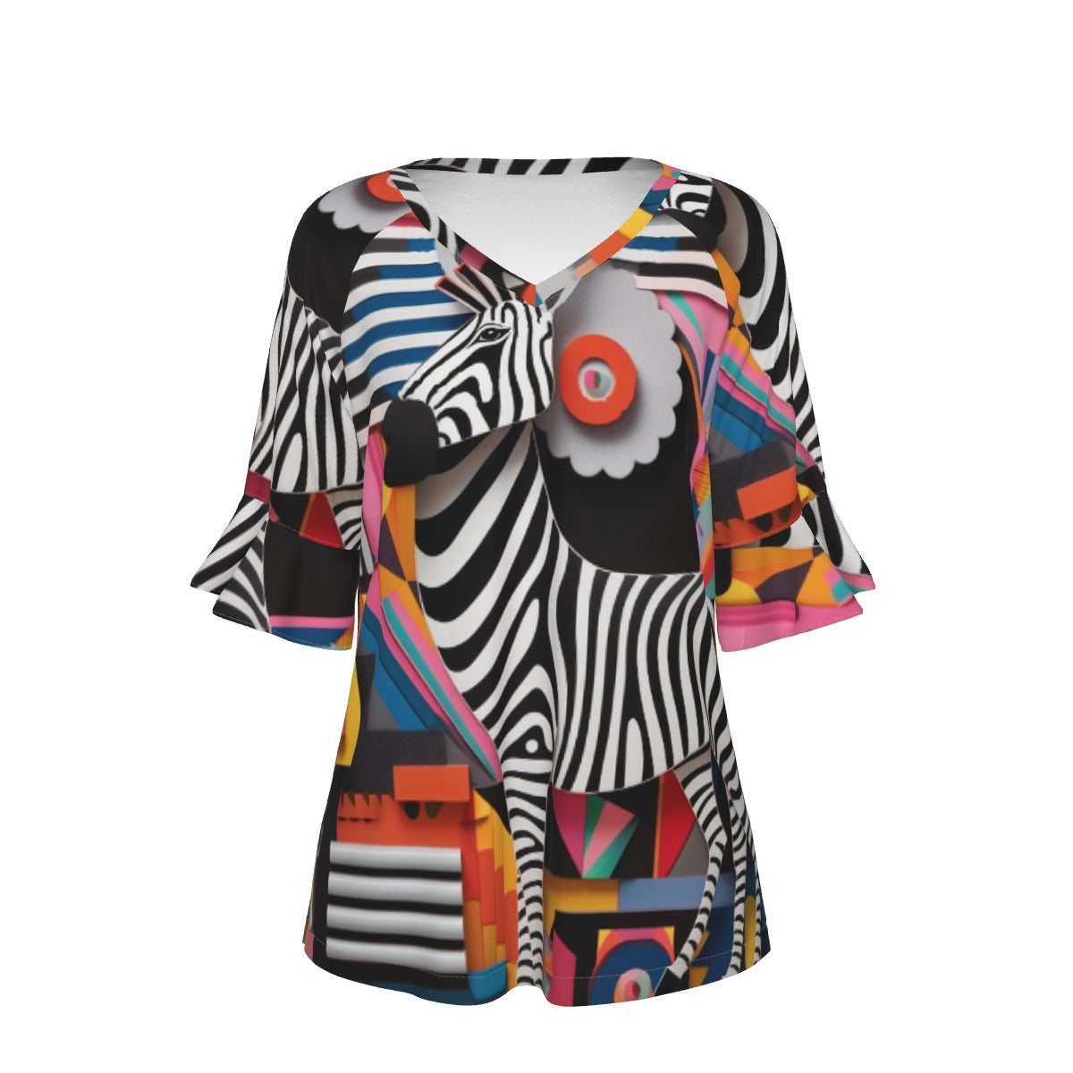 All-Over Print V-neck Women's T-shirt With Bell Sleeve