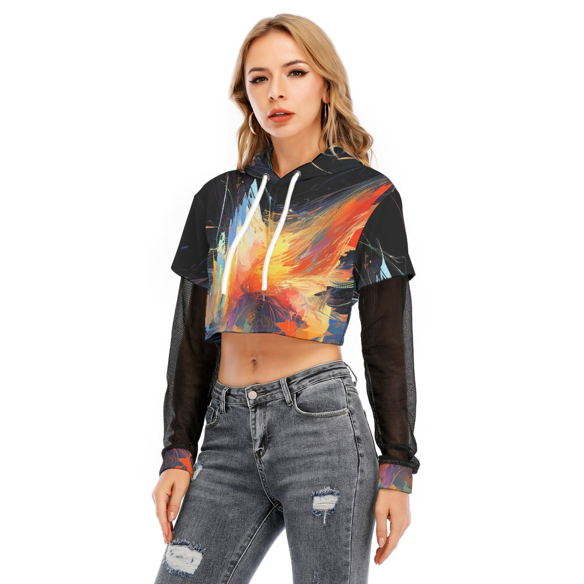 All-Over Print Women's Fake Two-piece Mesh Sleeve Cropped Hoodie