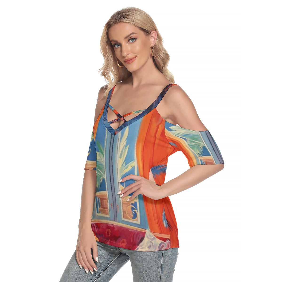 All-Over Print Women's Cold Shoulder T-shirt With Criss Cross Strips