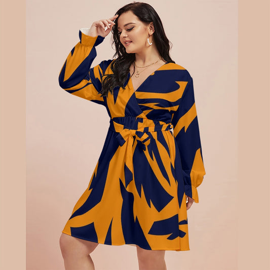 All-Over Print Women's V-neck Dress With Waistband(Plus Size)